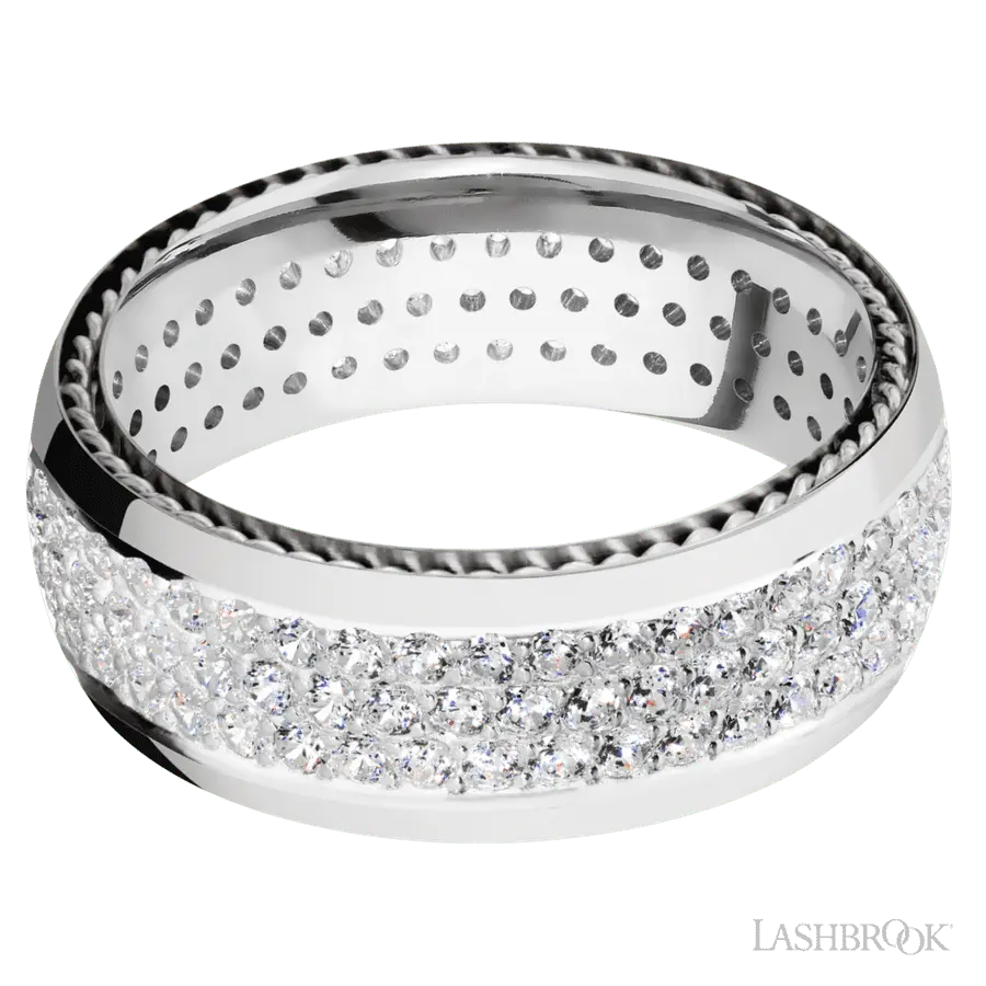 8 mm wide/Domed/14K White Gold band with two 1 mm Sidebraid inlays of 14K White Gold and featuring a 3 Row Eternity arrangement of .015 carat Round Diamond stones in a Bead Channel setting