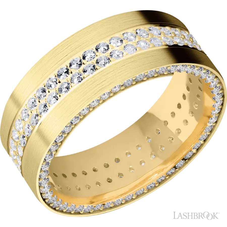 8 mm wide/Flat/14K Yellow Gold band with a Side Eternity arrangement of .01 carat Round Diamond stones in a Bead Channel setting and featuring a a 2 Row Eternity arrangement of .015 carat Round Diamond stones in a Bead Channel setting