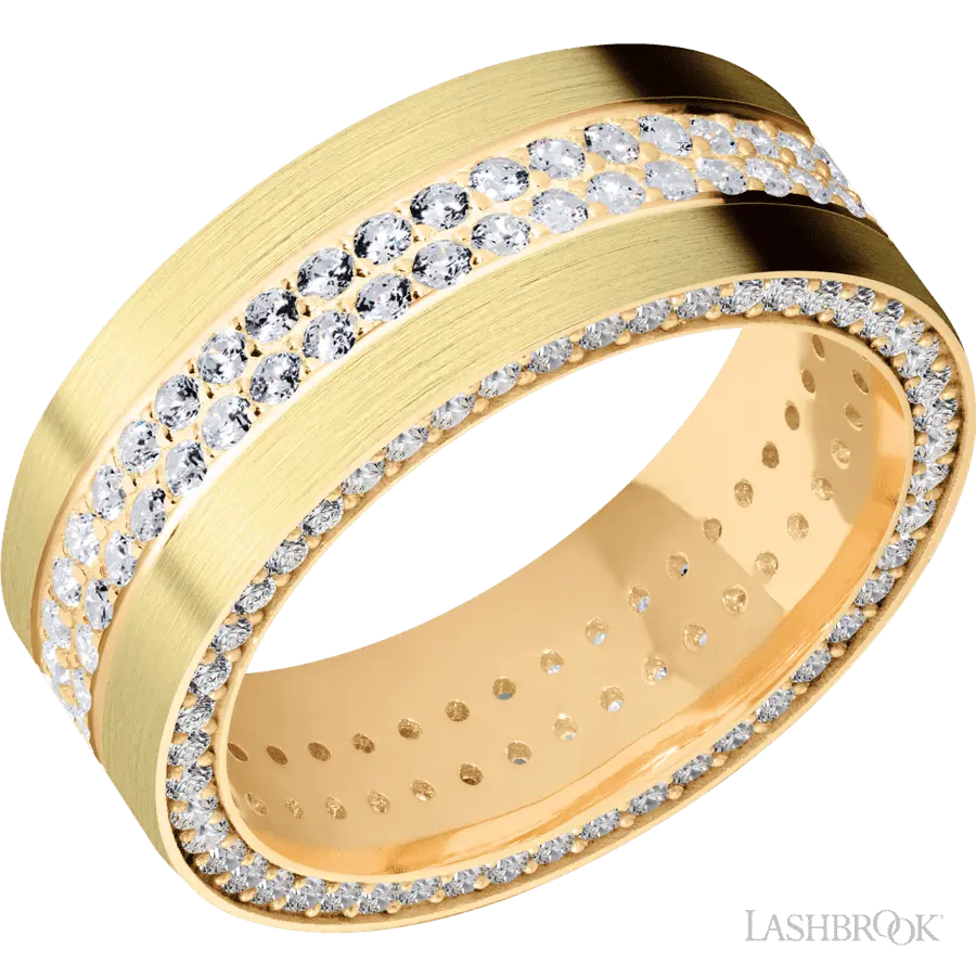 8 mm wide/Flat/14K Yellow Gold band with a Side Eternity arrangement of .01 carat Round Diamond stones in a Bead Channel setting and featuring a a 2 Row Eternity arrangement of .015 carat Round Diamond stones in a Bead Channel setting