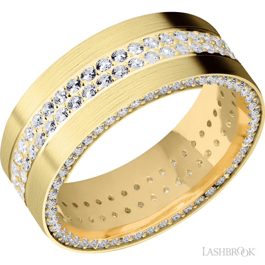 8 mm wide/Flat/14K Yellow Gold band with a Side Eternity arrangement of .01 carat Round Diamond stones in a Bead Channel setting and featuring a a 2 Row Eternity arrangement of .015 carat Round Diamond stones in a Bead Channel setting