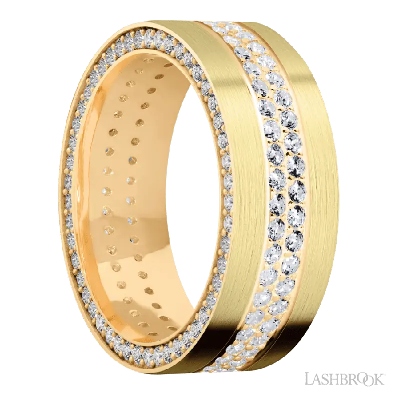 8 mm wide/Flat/14K Yellow Gold band with a Side Eternity arrangement of .01 carat Round Diamond stones in a Bead Channel setting and featuring a a 2 Row Eternity arrangement of .015 carat Round Diamond stones in a Bead Channel setting
