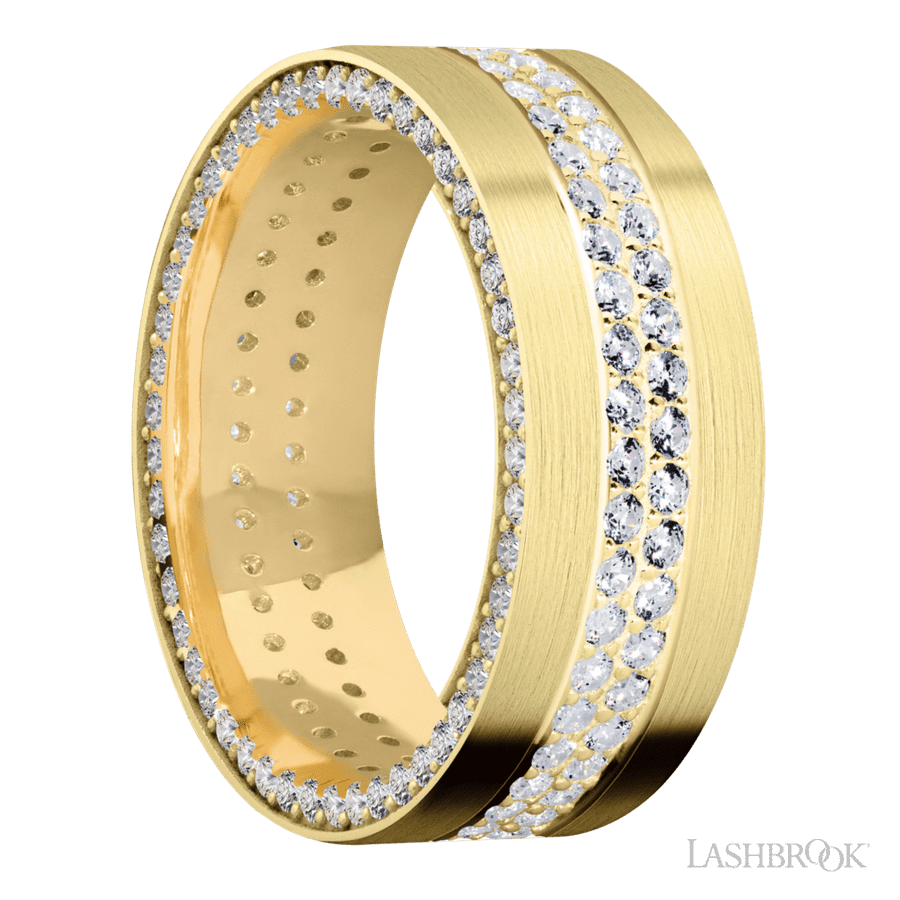 8 mm wide/Flat/14K Yellow Gold band with a Side Eternity arrangement of .01 carat Round Diamond stones in a Bead Channel setting and featuring a a 2 Row Eternity arrangement of .015 carat Round Diamond stones in a Bead Channel setting