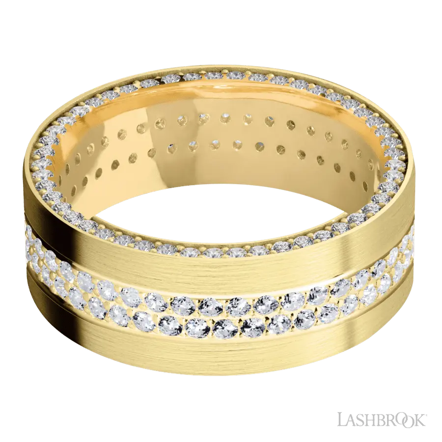 8 mm wide/Flat/14K Yellow Gold band with a Side Eternity arrangement of .01 carat Round Diamond stones in a Bead Channel setting and featuring a a 2 Row Eternity arrangement of .015 carat Round Diamond stones in a Bead Channel setting