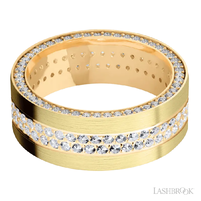 8 mm wide/Flat/14K Yellow Gold band with a Side Eternity arrangement of .01 carat Round Diamond stones in a Bead Channel setting and featuring a a 2 Row Eternity arrangement of .015 carat Round Diamond stones in a Bead Channel setting