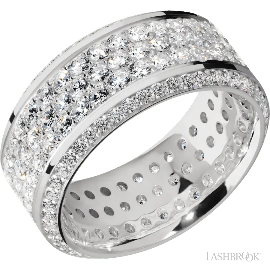 10 mm wide/High Bevel/14K White Gold band with a Bevel Eternity arrangement of .01 carat Round Diamond stones in a Bead setting and featuring a a 3 Row Eternity arrangement of .03 carat Round Diamond stones in a Bead Channel setting
