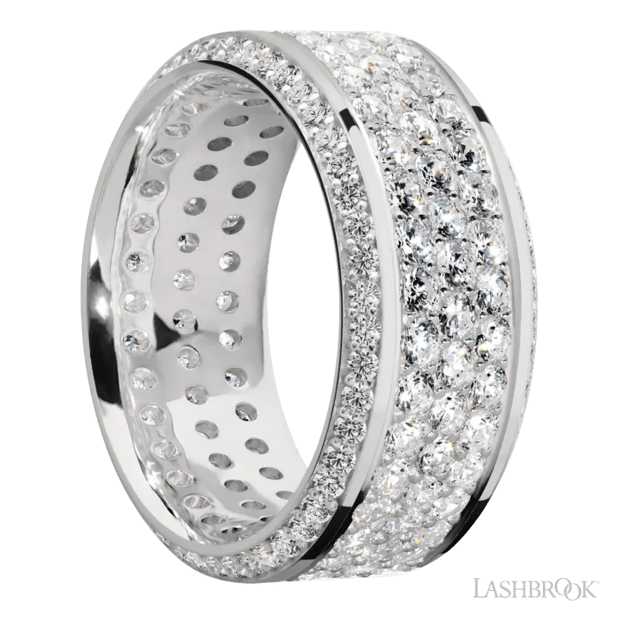 10 mm wide/High Bevel/14K White Gold band with a Bevel Eternity arrangement of .01 carat Round Diamond stones in a Bead setting and featuring a a 3 Row Eternity arrangement of .03 carat Round Diamond stones in a Bead Channel setting