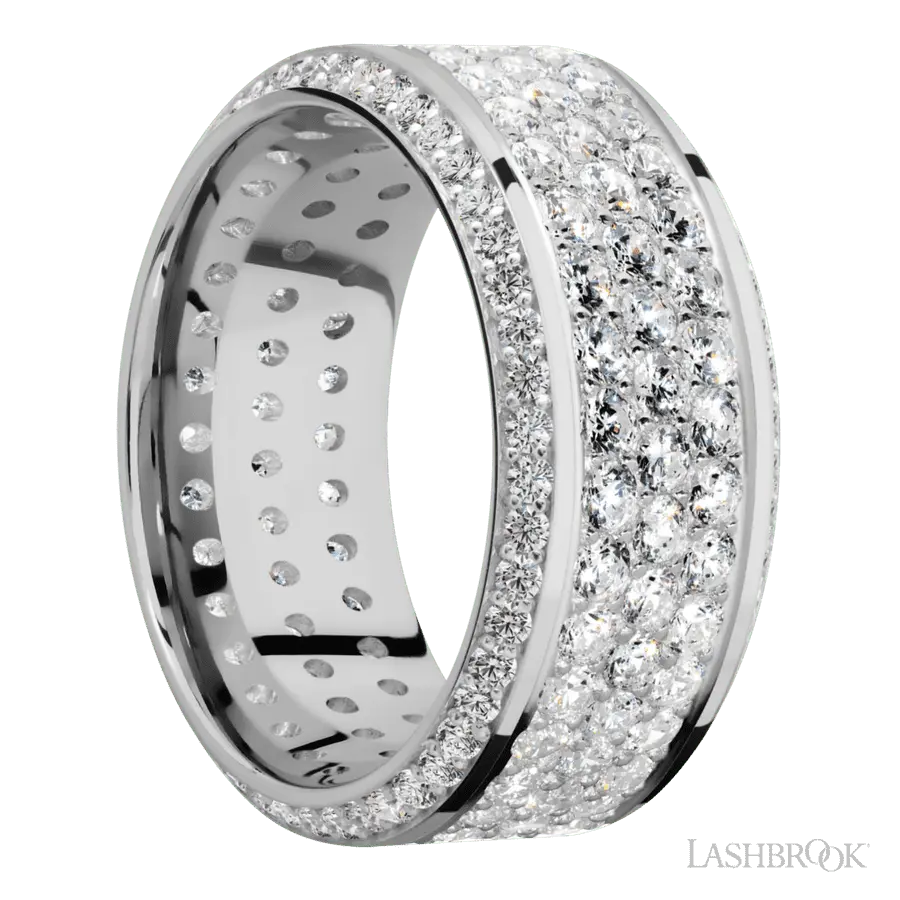 10 mm wide/High Bevel/14K White Gold band with a Bevel Eternity arrangement of .01 carat Round Diamond stones in a Bead setting and featuring a a 3 Row Eternity arrangement of .03 carat Round Diamond stones in a Bead Channel setting
