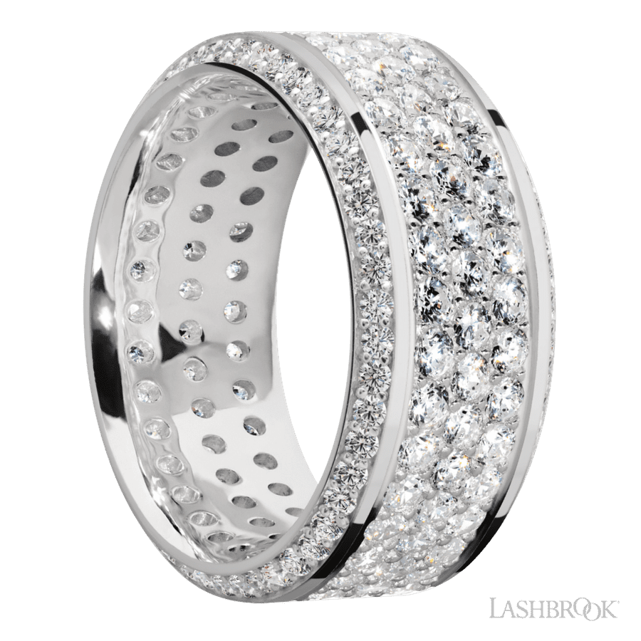 10 mm wide/High Bevel/14K White Gold band with a Bevel Eternity arrangement of .01 carat Round Diamond stones in a Bead setting and featuring a a 3 Row Eternity arrangement of .03 carat Round Diamond stones in a Bead Channel setting