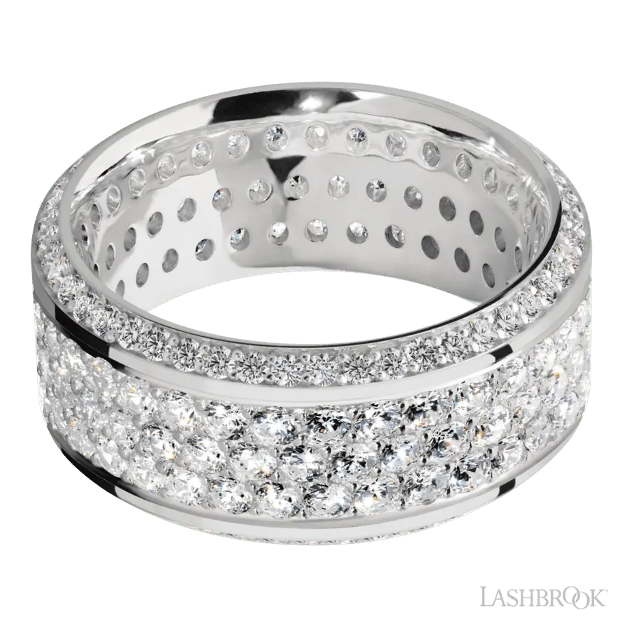 10 mm wide/High Bevel/14K White Gold band with a Bevel Eternity arrangement of .01 carat Round Diamond stones in a Bead setting and featuring a a 3 Row Eternity arrangement of .03 carat Round Diamond stones in a Bead Channel setting
