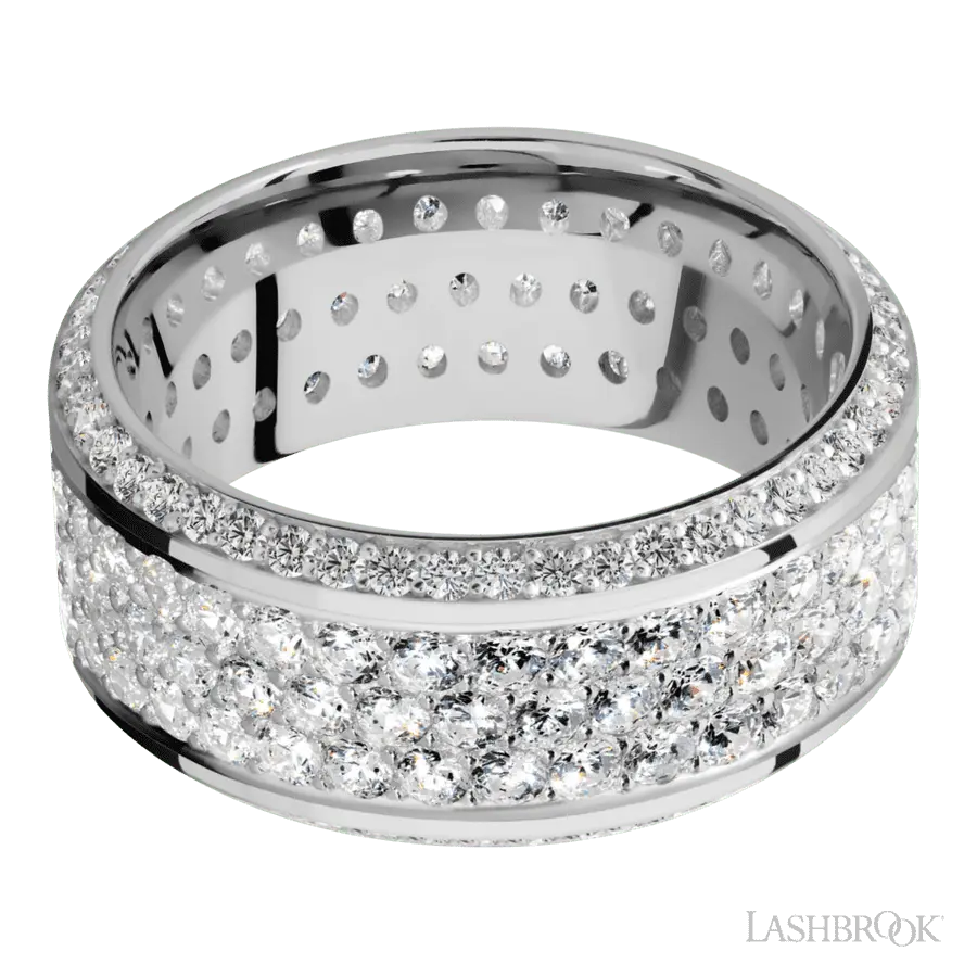10 mm wide/High Bevel/14K White Gold band with a Bevel Eternity arrangement of .01 carat Round Diamond stones in a Bead setting and featuring a a 3 Row Eternity arrangement of .03 carat Round Diamond stones in a Bead Channel setting