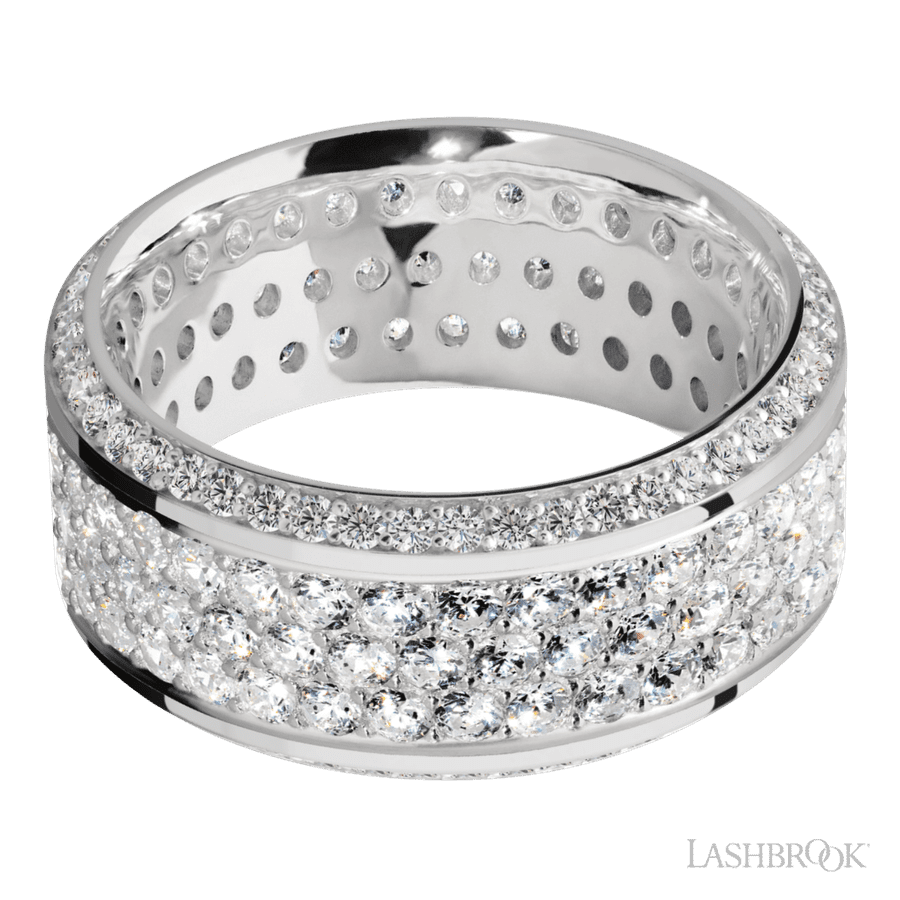 10 mm wide/High Bevel/14K White Gold band with a Bevel Eternity arrangement of .01 carat Round Diamond stones in a Bead setting and featuring a a 3 Row Eternity arrangement of .03 carat Round Diamond stones in a Bead Channel setting