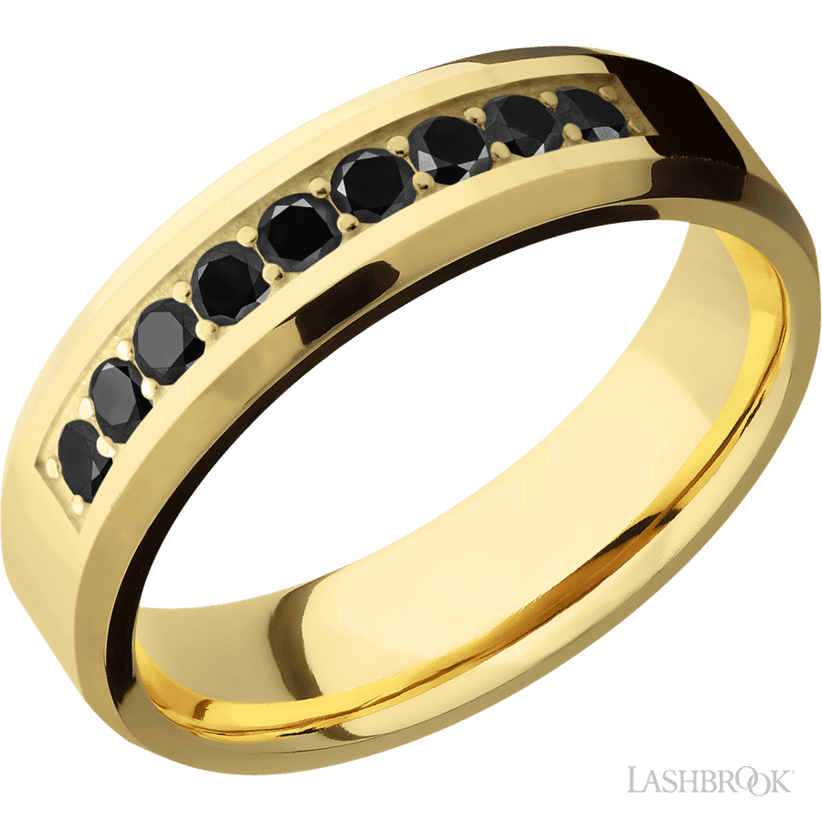 6 mm wide/Beveled/14K Yellow Gold band with an arrangement of 9, .05 carat Round Black Diamond stones in a Bead Channel setting.