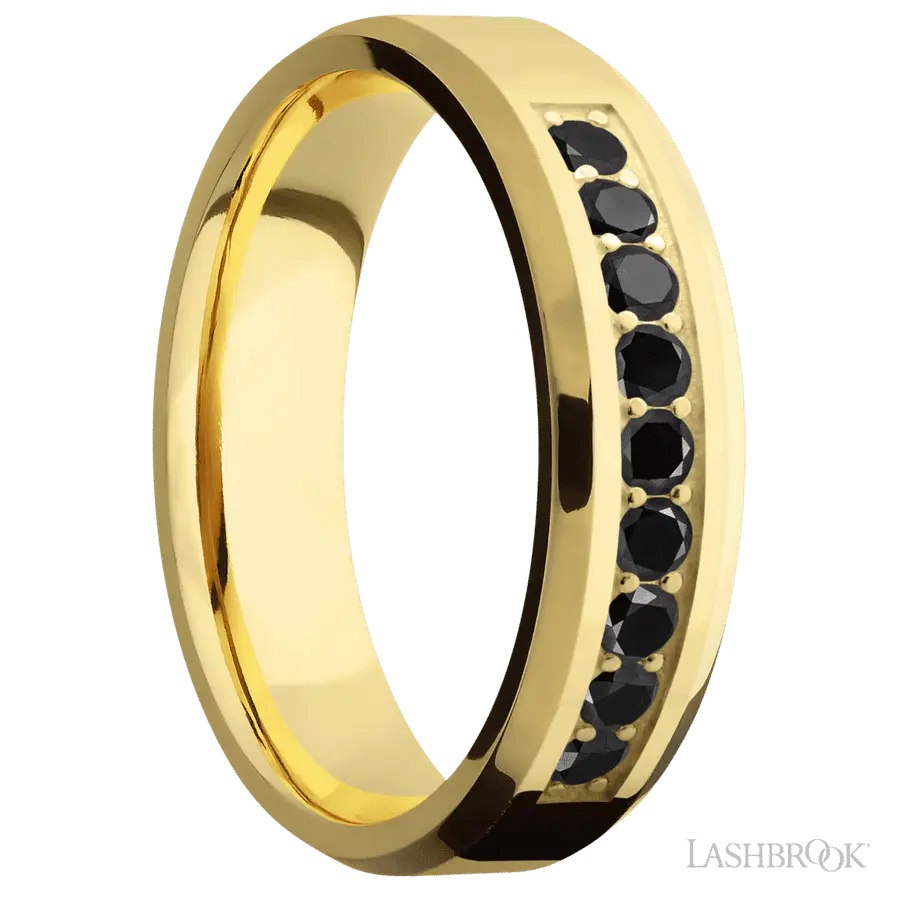 6 mm wide/Beveled/14K Yellow Gold band with an arrangement of 9, .05 carat Round Black Diamond stones in a Bead Channel setting.
