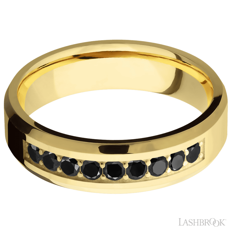 6 mm wide/Beveled/14K Yellow Gold band with an arrangement of 9, .05 carat Round Black Diamond stones in a Bead Channel setting.