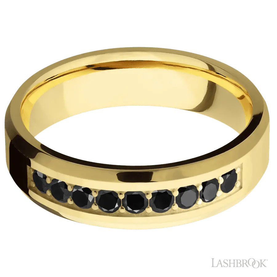6 mm wide/Beveled/14K Yellow Gold band with an arrangement of 9, .05 carat Round Black Diamond stones in a Bead Channel setting.