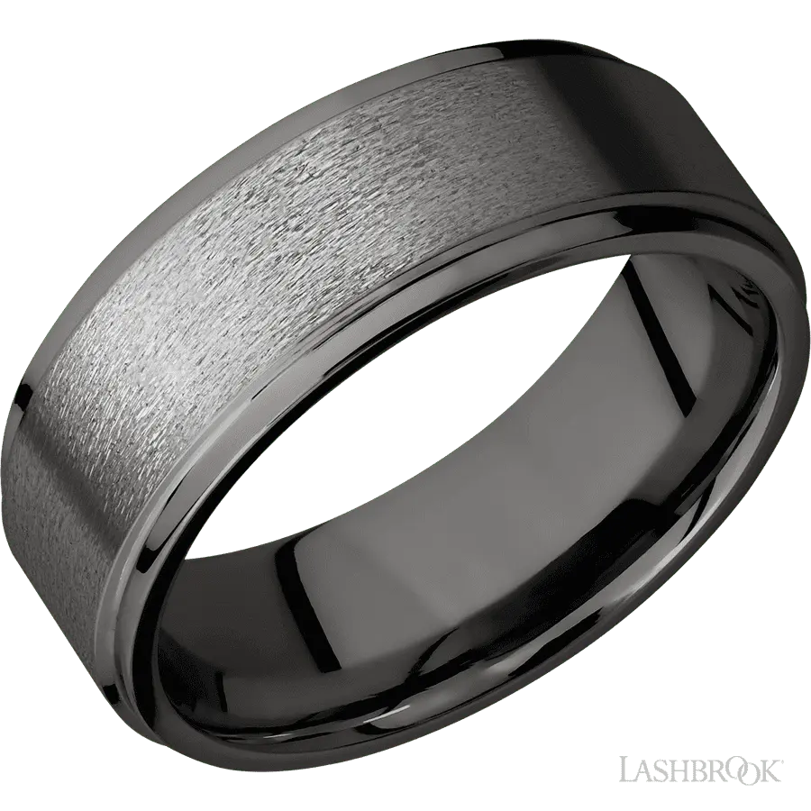 8 mm wide Flat Grooved Edges Tantalum Noir band.