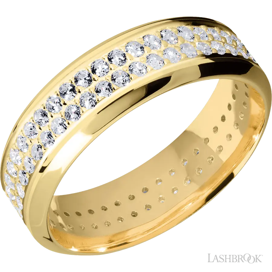 7 mm wide/High Bevel/14K Yellow Gold band with a 2 Row Eternity arrangement of .015 carat Round Diamond stones in a Bead Channel setting. Lashbrook