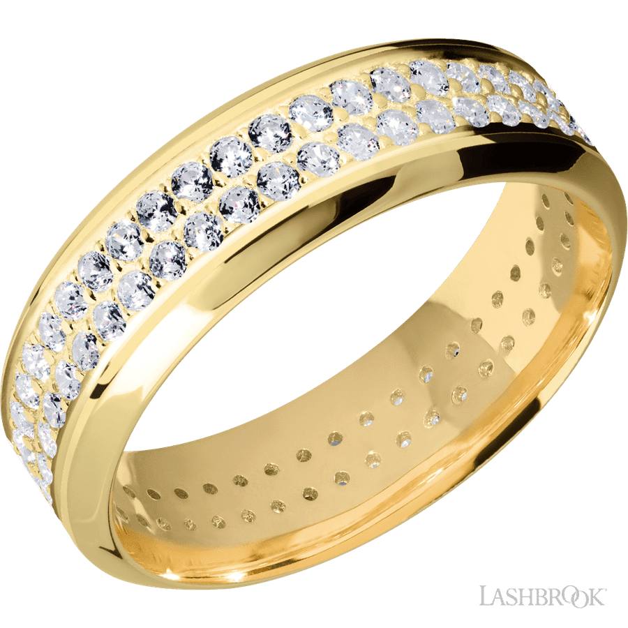 7 mm wide/High Bevel/14K Yellow Gold band with a 2 Row Eternity arrangement of .015 carat Round Diamond stones in a Bead Channel setting.