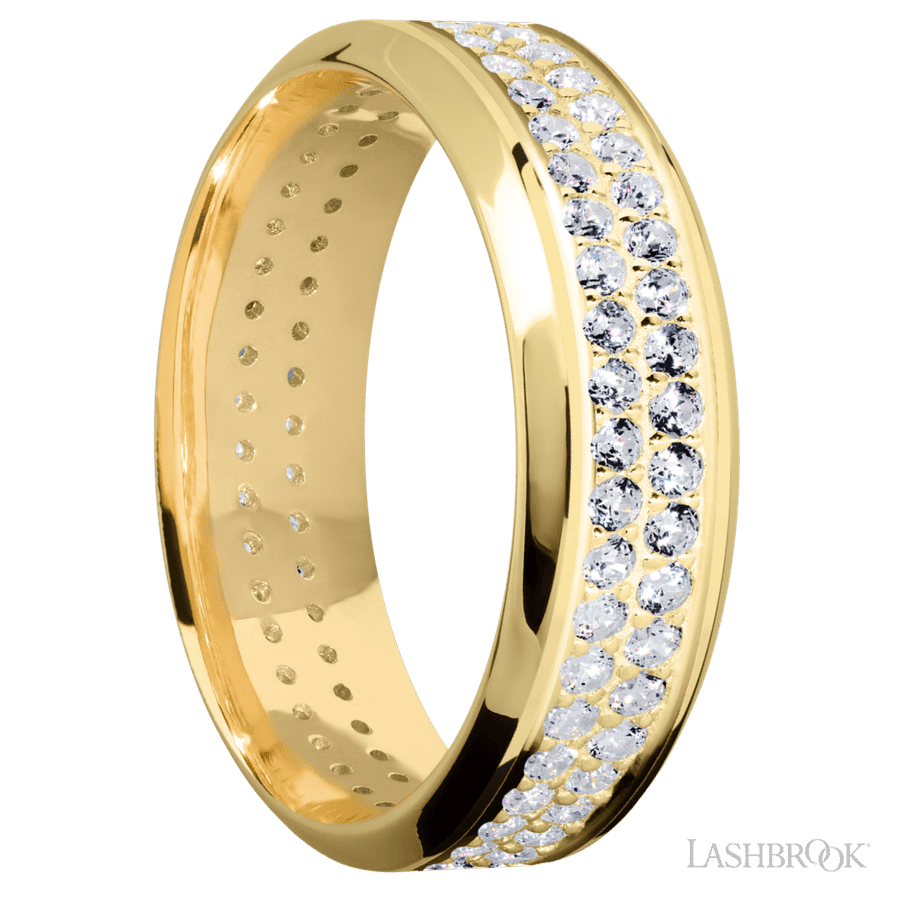 7 mm wide/High Bevel/14K Yellow Gold band with a 2 Row Eternity arrangement of .015 carat Round Diamond stones in a Bead Channel setting.