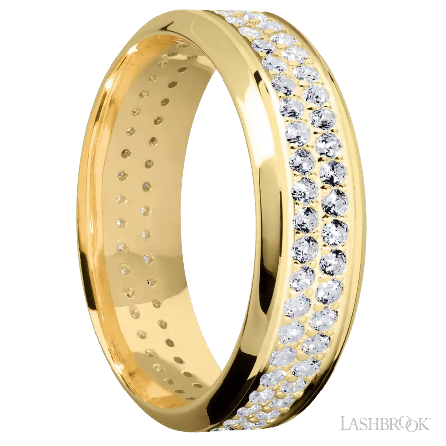 7 mm wide/High Bevel/14K Yellow Gold band with a 2 Row Eternity arrangement of .015 carat Round Diamond stones in a Bead Channel setting. Lashbrook