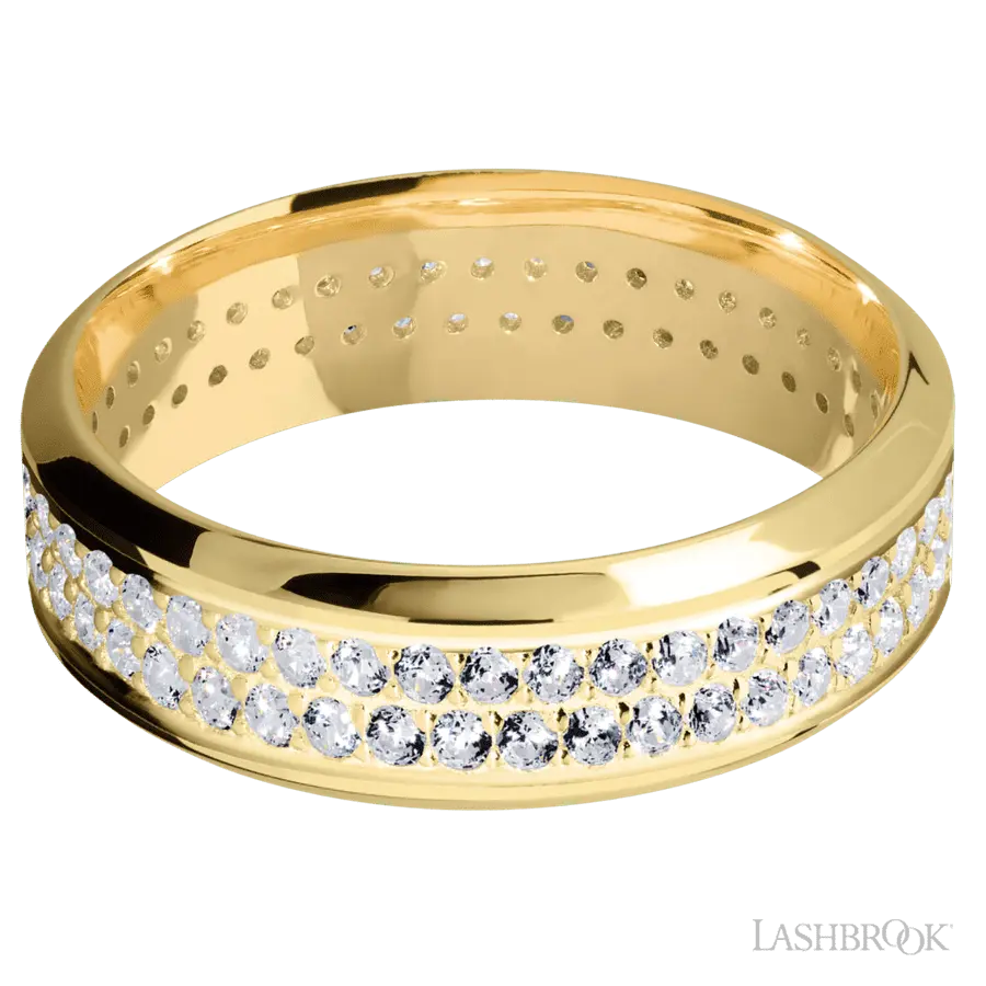 7 mm wide/High Bevel/14K Yellow Gold band with a 2 Row Eternity arrangement of .015 carat Round Diamond stones in a Bead Channel setting.