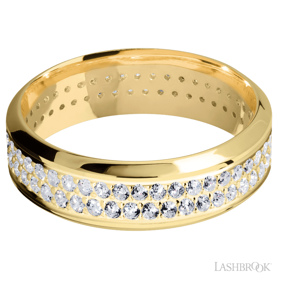 7 mm wide/High Bevel/14K Yellow Gold band with a 2 Row Eternity arrangement of .015 carat Round Diamond stones in a Bead Channel setting.