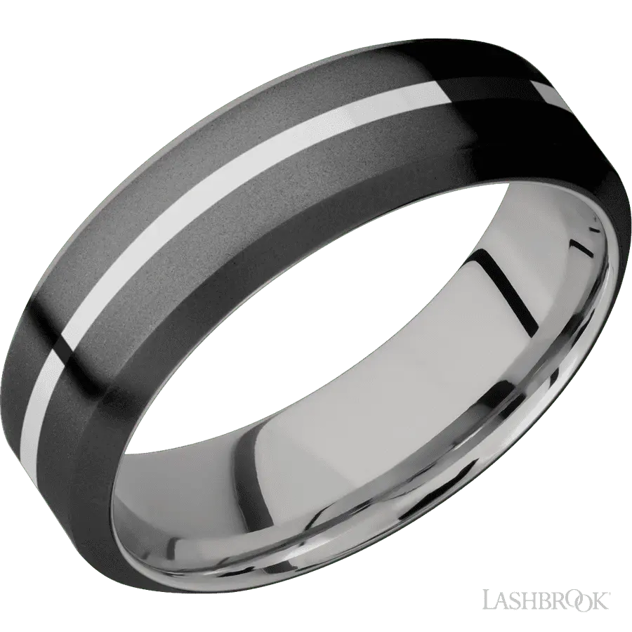7 mm wide/High Bevel/Zirconium band with one 1 mm Centered inlay of Palladium Silver also featuring a Palladium Silver sleeve