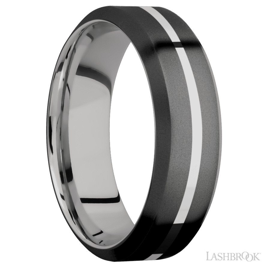 7 mm wide/High Bevel/Zirconium band with one 1 mm Centered inlay of Palladium Silver also featuring a Palladium Silver sleeve.