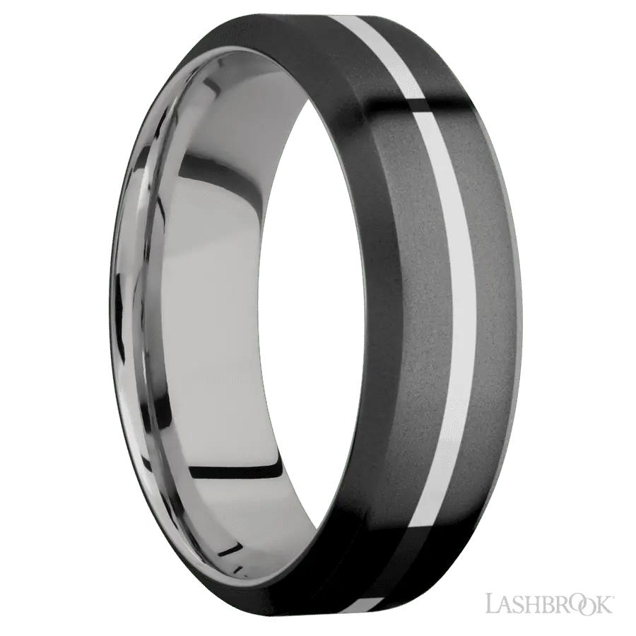 7 mm wide/High Bevel/Zirconium band with one 1 mm Centered inlay of Palladium Silver also featuring a Palladium Silver sleeve.