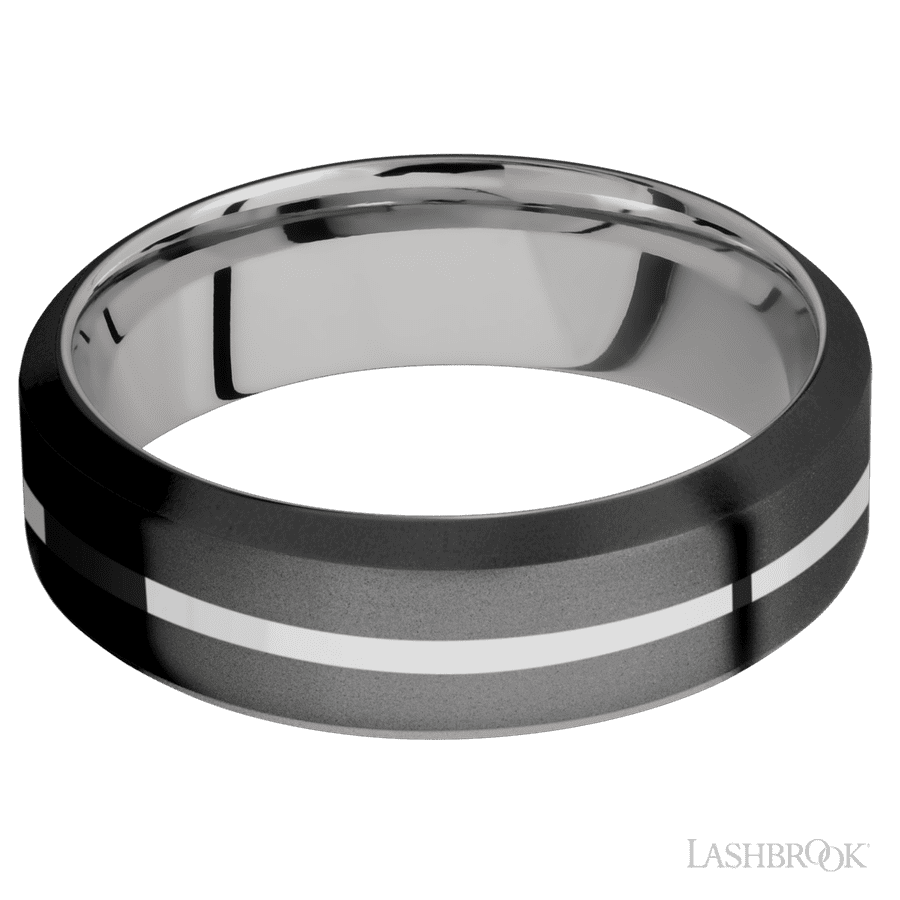 7 mm wide/High Bevel/Zirconium band with one 1 mm Centered inlay of Palladium Silver also featuring a Palladium Silver sleeve.