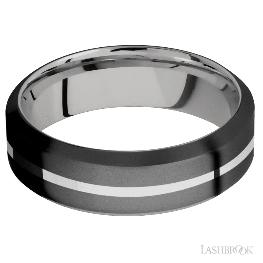 7 mm wide/High Bevel/Zirconium band with one 1 mm Centered inlay of Palladium Silver also featuring a Palladium Silver sleeve.