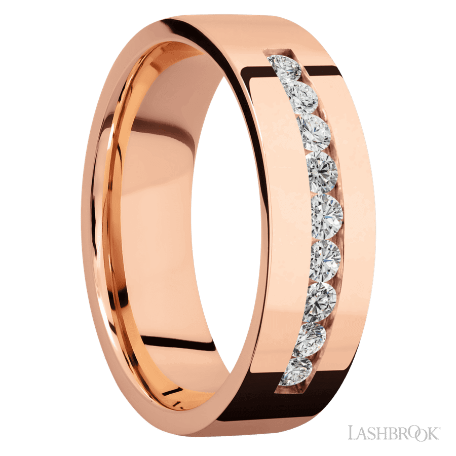7 mm wide/Flat/14K Rose Gold band with an arrangement of 9, .05 carat Round Diamond stones in a Channel setting.