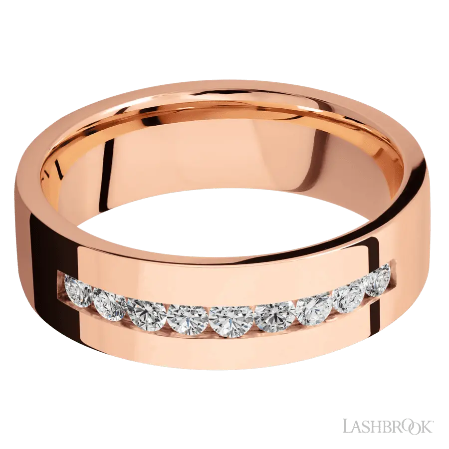 7 mm wide/Flat/14K Rose Gold band with an arrangement of 9, .05 carat Round Diamond stones in a Channel setting.