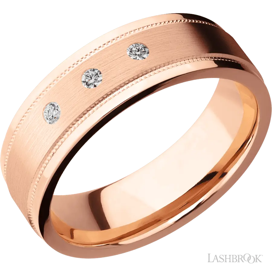 "7 mm wide/Flat Stepped Edges Milgrain/14K Rose Gold band with an arrangement of 3, .03 carat Round Diamond stones in a Flush