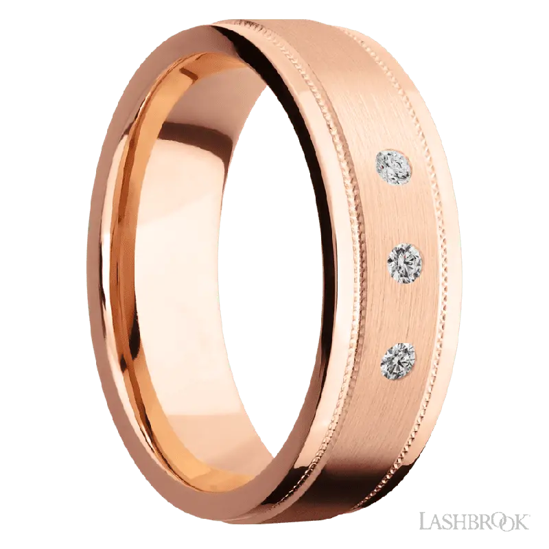 7 mm wide/Flat Stepped Edges Milgrain/14K Rose Gold band with an arrangement of 3, .03 carat Round Diamond stones in a Flush setting.