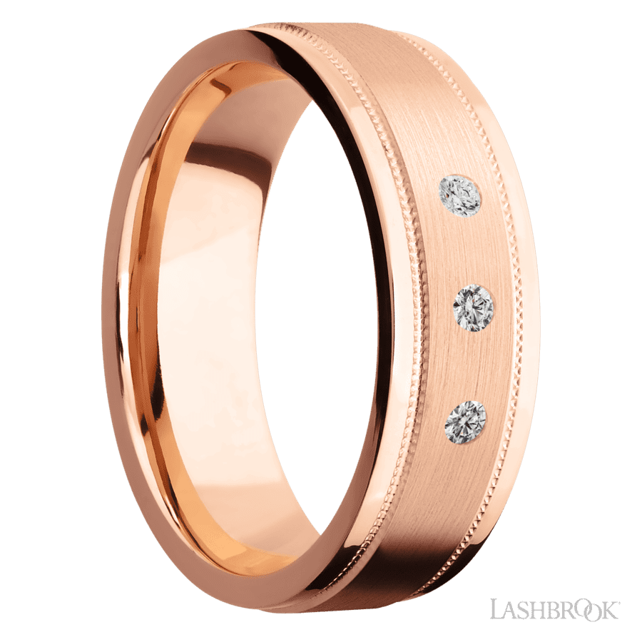 7 mm wide/Flat Stepped Edges Milgrain/14K Rose Gold band with an arrangement of 3, .03 carat Round Diamond stones in a Flush setting.