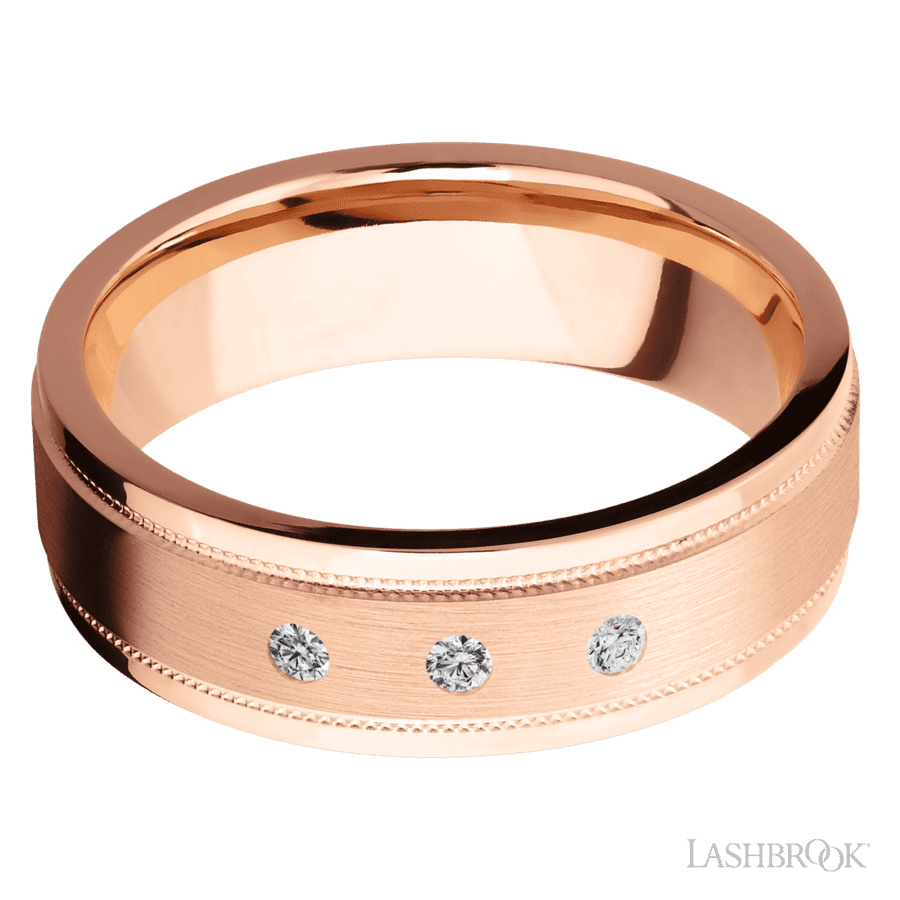 7 mm wide/Flat Stepped Edges Milgrain/14K Rose Gold band with an arrangement of 3, .03 carat Round Diamond stones in a Flush setting.