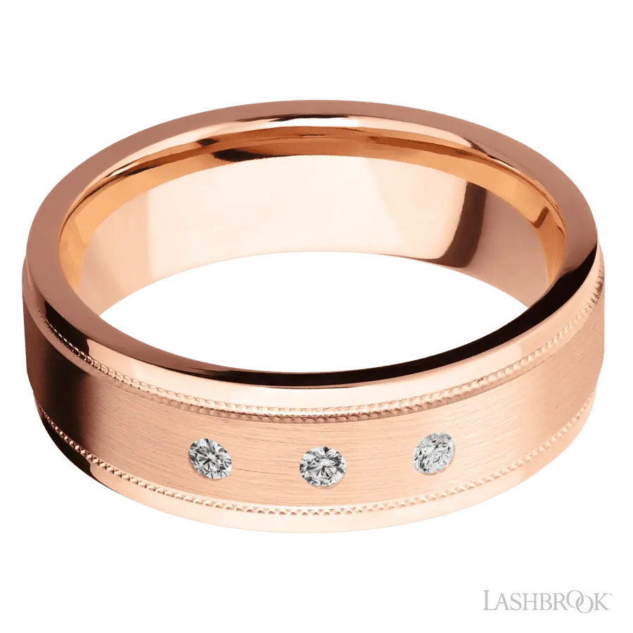 7 mm wide/Flat Stepped Edges Milgrain/14K Rose Gold band with an arrangement of 3, .03 carat Round Diamond stones in a Flush setting.