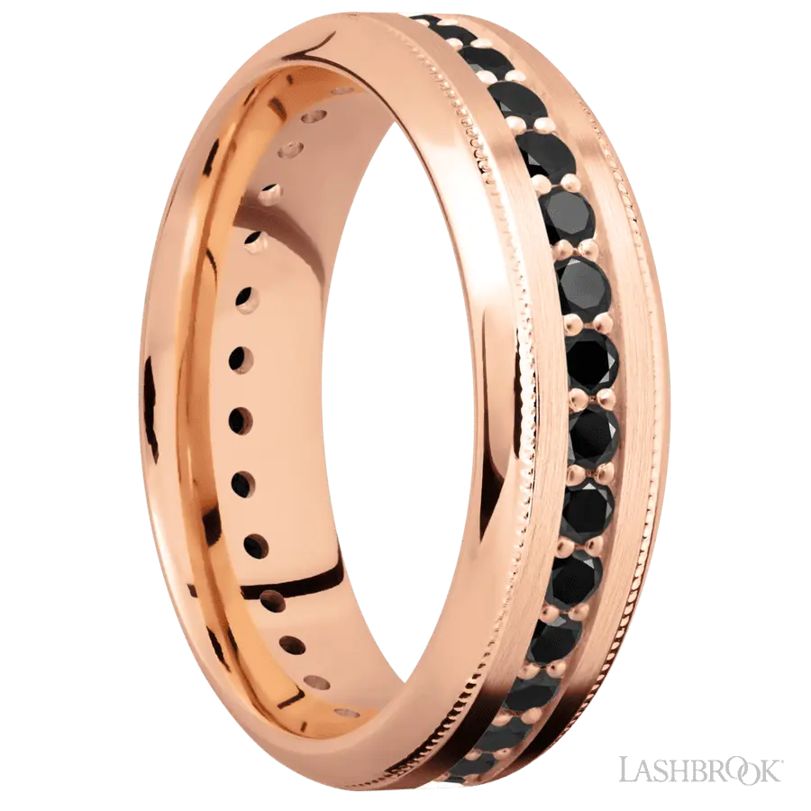 7 mm wide/High Bevel Milgrain/14K Rose Gold band with an Eternity arrangement of .03 carat Round Black Diamond stones in a Bead Channel setting.