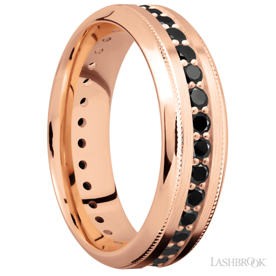 7 mm wide/High Bevel Milgrain/14K Rose Gold band with an Eternity arrangement of .03 carat Round Black Diamond stones in a Bead Channel setting.