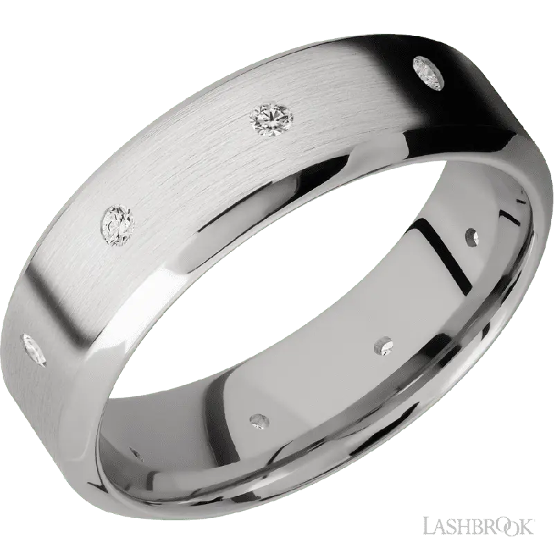7 mm wide/High Bevel/14K White Gold band with a 9X Even arrangement of .03 carat Round Diamond stones in a Flush setting.