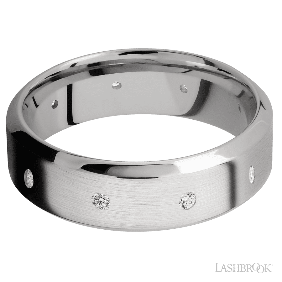 7 mm wide/High Bevel/14K White Gold band with a 9X Even arrangement of .03 carat Round Diamond stones in a Flush setting.