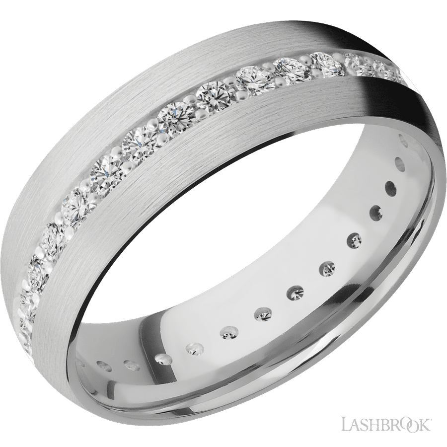 7 mm wide/Domed/14K White Gold band with an Eternity arrangement of .03 carat Round Diamond stones in a Bead Channel setting.