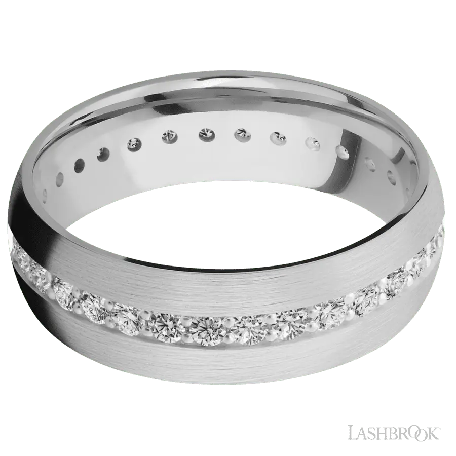 7 mm wide/Domed/14K White Gold band with an Eternity arrangement of .03 carat Round Diamond stones in a Bead Channel setting.