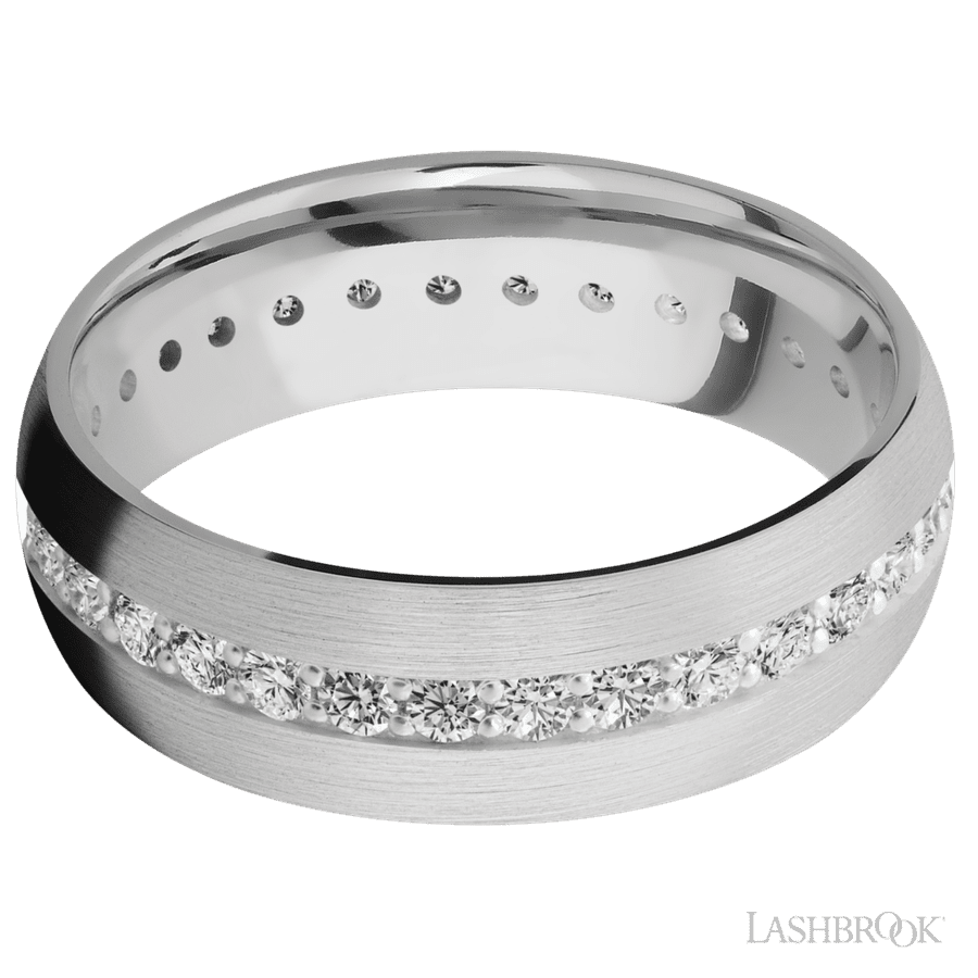 7 mm wide/Domed/14K White Gold band with an Eternity arrangement of .03 carat Round Diamond stones in a Bead Channel setting.