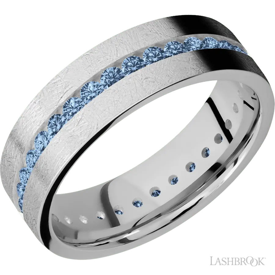 7 mm wide/Flat/14K White Gold band with an Eternity arrangement of .03 carat Round Denim Sapphire stones in a Channel setting.