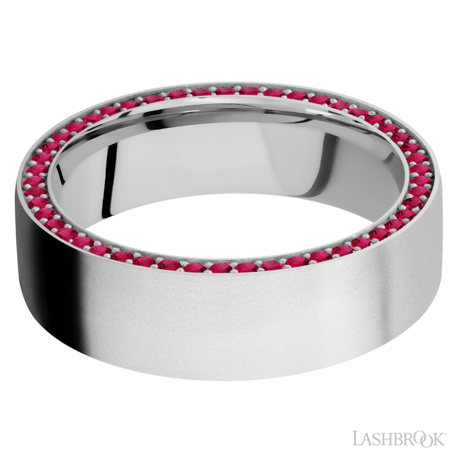 7 mm wide/Flat/14K White Gold band with a Side Eternity arrangement of .01 carat Round Ruby stones in a Bead Channel setting.
