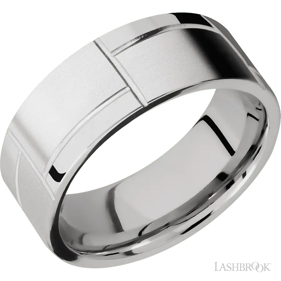 8 mm wide/Flat/14K White Gold band with a machined 3GOCHR pattern.