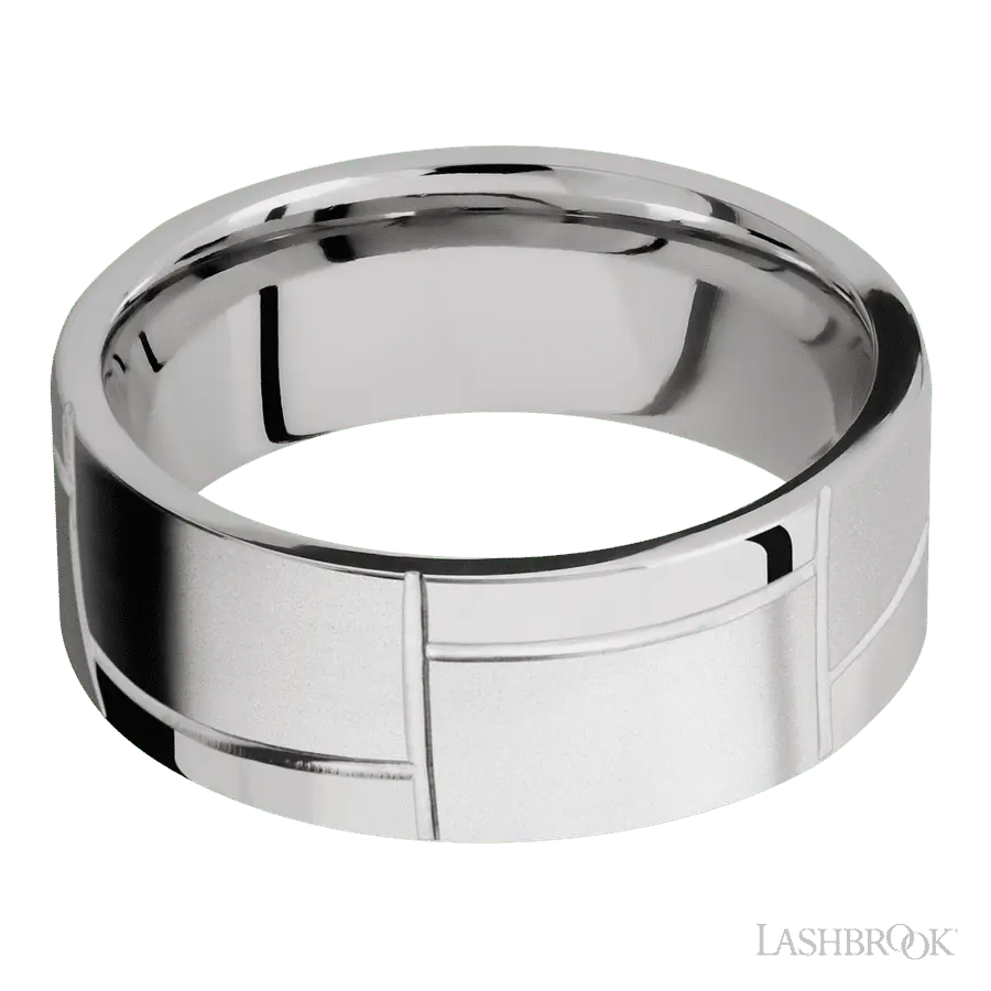 8 mm wide/Flat/14K White Gold band with a machined 3GOCHR pattern.