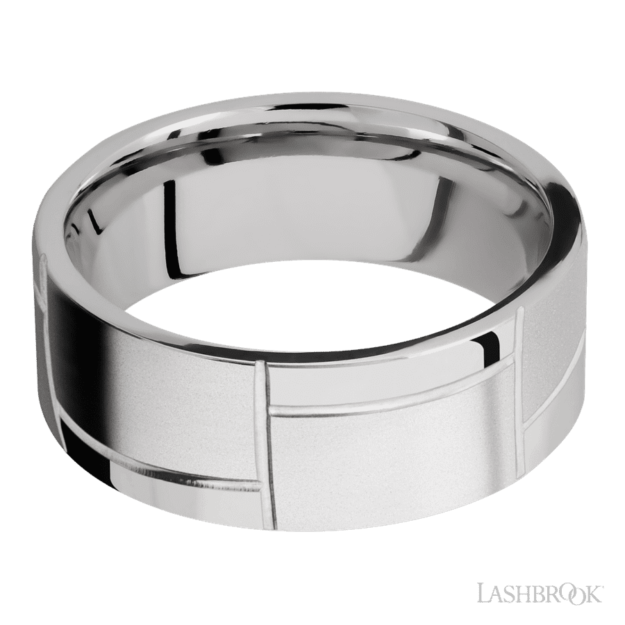 8 mm wide/Flat/14K White Gold band with a machined 3GOCHR pattern.